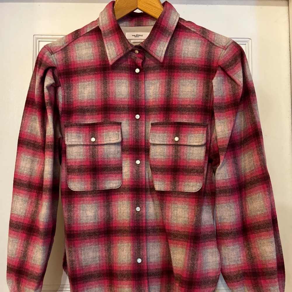 Isabel Marant Etoile Reosi Pink Flannel Plaid Puff Sleeves Western Style Shirt S